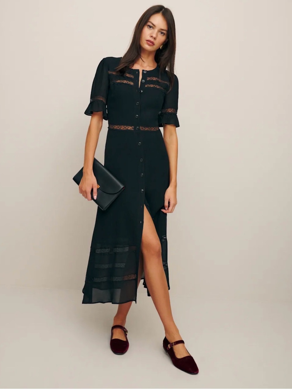 Reformation Black Button-Front Midi Dress with Lace Inserts